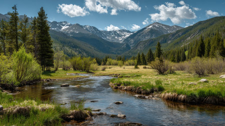 A photograph of Rocky Mountains wilderness 399 with rocky mountain alpine meadow valley, rocky...