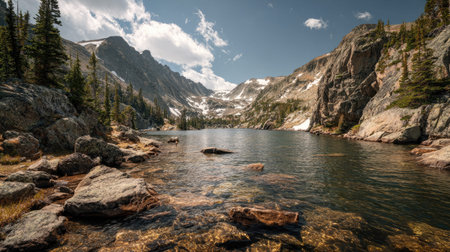 A photograph of Rocky Mountains wilderness 57 with glacial rocky mountain lake, scattered alpine...