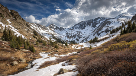 A photograph of Rocky Mountains wilderness 427 with rocky mountain canyon valley, wild mountain...