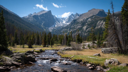 A photograph of Rocky Mountains wilderness 65 with rocky mountain alpine valley, rocky mountain tree line forest, rocky mountain spring thaw, ultra realistic landscape photography, wide angle lens, natural colors, clean composition, no peopleの写真素材