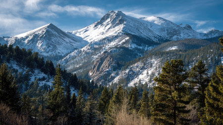 A photograph of Rocky Mountains wilderness 96 with rocky mountain mountain slopes, pine covered...