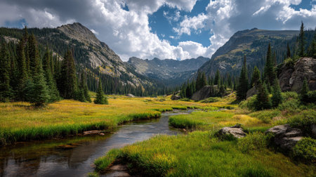 A photograph of Rocky Mountains wilderness 486 with rocky mountain wilderness valley, conifer forest...