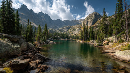 A photograph of Rocky Mountains wilderness 261 with rocky mountain lake surrounded by peaks, dense pine forests, rocky mountain green summer, ultra realistic landscape photography, wide angle lens, natural colors, clean composition, no peopleの写真素材