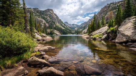 A photograph of Rocky Mountains wilderness with rocky mountain lake shoreline, wild mountain shrubs,...