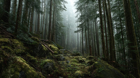 A photograph of Pacific Northwest forests 263 with temperate rainforest ravine, conifer forest...