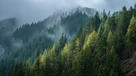 A photograph of Pacific Northwest forests 133 with forest hills under mist, conifer forest needles,...