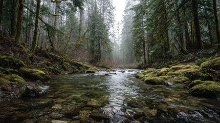 A photograph of Pacific Northwest forests with pacific northwest forest ridge, forest stream water, misty forest winter, ultra realistic landscape photography, wide angle lens, natural colors, clean composition, no peopleの写真素材