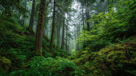 A photograph of Pacific Northwest forests 122 with rainforest forest floor landscape, misty forest vegetation, lush forest summer, ultra realistic landscape photography, wide angle lens, natural colors, clean composition, no peopleの写真素材