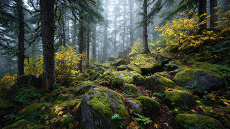 A photograph of Pacific Northwest forests 148 with forest hills under mist, mossy forest stones,...