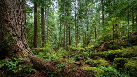 A photograph of Pacific Northwest forests 15 with rainforest forest floor landscape, giant conifer...