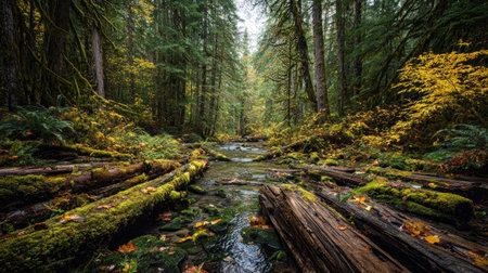 A photograph of Pacific Northwest forests 135 with rainforest river valley, fallen mossy logs,...