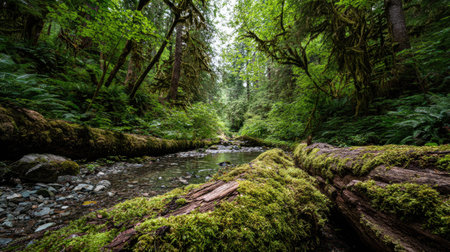 A photograph of Pacific Northwest forests 280 with temperate rainforest ravine, fallen mossy logs, lush forest summer, ultra realistic landscape photography, wide angle lens, natural colors, clean composition, no peopleの写真素材