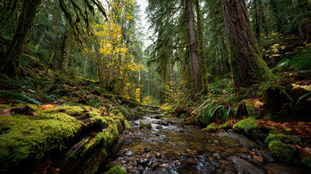 A photograph of Pacific Northwest forests 207 with rainforest valley with stream, moss covered tree...
