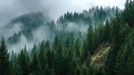 A photograph of Pacific Northwest forests 308 with evergreen forest hills, conifer forest needles,...