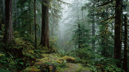 A photograph of Pacific Northwest forests 227 with dense pacific northwest forest valley, shaded forest plants, misty forest winter, ultra realistic landscape photography, wide angle lens, natural colors, clean composition, no peopleの写真素材