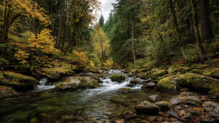 A photograph of Pacific Northwest forests 249 with forest valley with waterfalls, small woodland waterfalls, golden forest autumn, ultra realistic landscape photography, wide angle lens, natural colors, clean composition, no peopleの写真素材