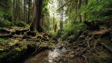 A photograph of Pacific Northwest forests 301 with rainforest river valley, ancient tree roots,...