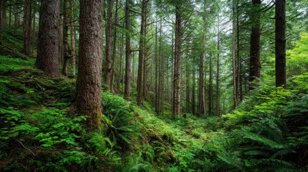A photograph of Pacific Northwest forests 28 with coastal forest valley landscape, coastal forest...