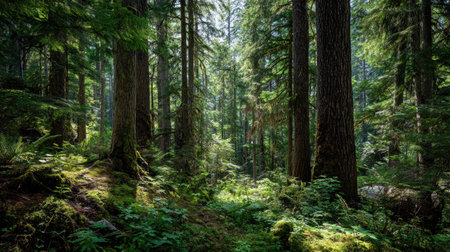 A photograph of Pacific Northwest forests 354 with old forest with towering trees, shaded forest...