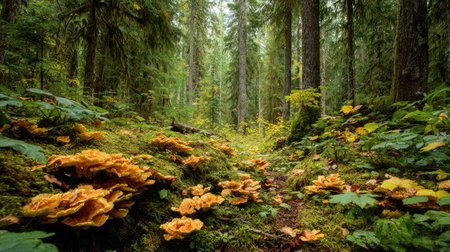 A photograph of Pacific Northwest forests 267 with evergreen forest canyon, wild woodland mushrooms,...