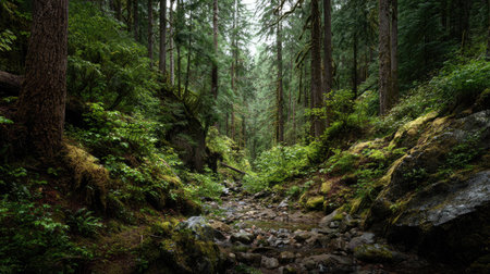 A photograph of Pacific Northwest forests 276 with ancient forest valley basin, wet forest soil,...