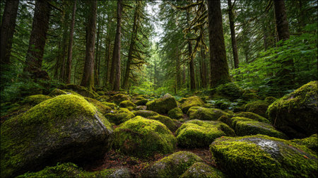 A photograph of Pacific Northwest forests 31 with coastal forest valley landscape, mossy forest...