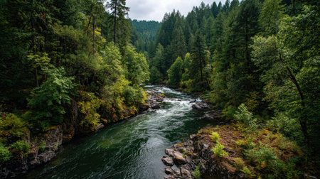 A photograph of Pacific Northwest forests 325 with dense forest overlooking river, forest stream water, lush forest summer, ultra realistic landscape photography, wide angle lens, natural colors, clean composition, no peopleの写真素材