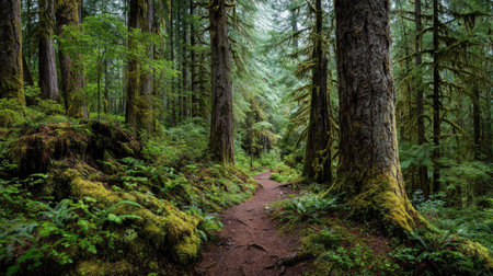 A photograph of Pacific Northwest forests 410 with forest trail through old growth trees, shaded...