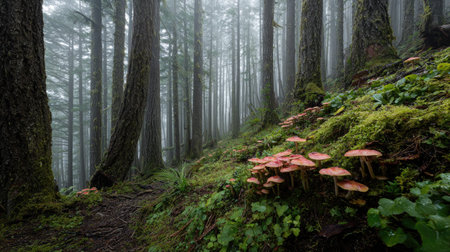 A photograph of Pacific Northwest forests 352 with ancient conifer forest, wild woodland mushrooms,...