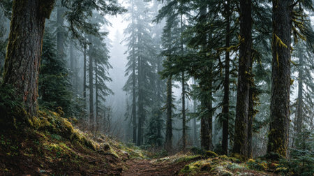 A photograph of Pacific Northwest forests 434 with ancient forest valley basin, giant conifer trees,...