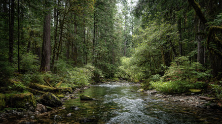 A photograph of Pacific Northwest forests 427 with ancient conifer forest, forest stream water, lush...