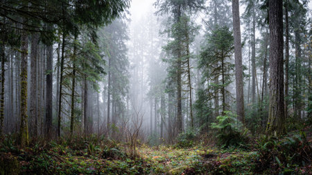 A photograph of Pacific Northwest forests with old growth forest landscape, damp woodland vegetation, misty forest winter, ultra realistic landscape photography, wide angle lens, natural colors, clean composition, no peopleの写真素材