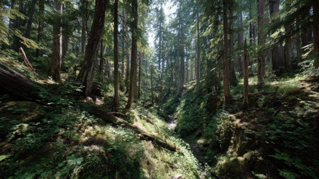 A photograph of Pacific Northwest forests 420 with temperate rainforest ravine, giant conifer trees, lush forest summer, ultra realistic landscape photography, wide angle lens, natural colors, clean composition, no peopleの写真素材