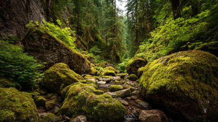 A photograph of Pacific Northwest forests 329 with rainforest valley with stream, moss covered...