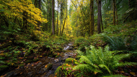 A photograph of Pacific Northwest forests 355 with rainforest valley with stream, ferns covering...
