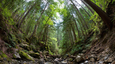 A photograph of Pacific Northwest forests 218 with temperate rainforest ravine, wet forest soil,...