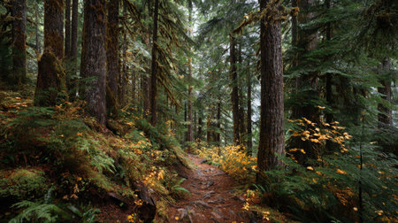 A photograph of Pacific Northwest forests with a forest trail through old growth trees, sitka spruce forest, golden forest autumn, ultra realistic landscape photography, wide angle lens, natural colors, clean composition, no peopleの写真素材