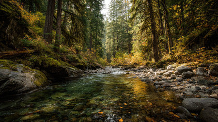 A photograph of Pacific Northwest forests 107 with forest surrounding mountain creek, old growth...