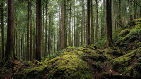 A photograph of Pacific Northwest forests 137 with dense pacific northwest forest valley, moss...