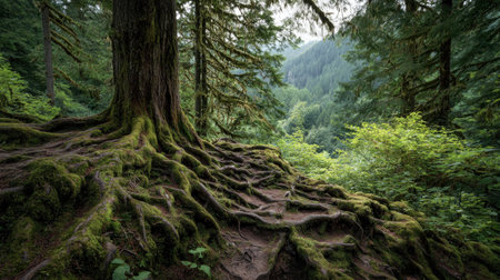 A photograph of Pacific Northwest forests 112 with mossy forest valley, ancient tree roots, lush...