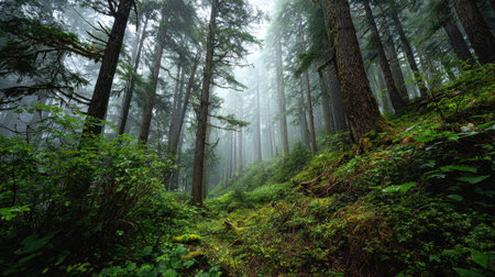 A photograph of Pacific Northwest forests 122 with rainforest forest floor landscape, misty forest...