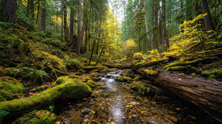A photograph of Pacific Northwest forests 135 with rainforest river valley, fallen mossy logs, golden forest autumn, ultra realistic landscape photography, wide angle lens, natural colors, clean composition, no peopleの写真素材