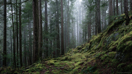 A photograph of Pacific Northwest forests 115 with evergreen forest canyon, thick forest moss, misty...