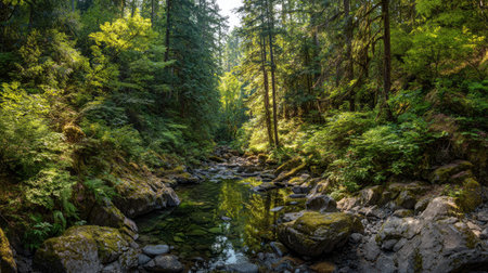 A photograph of Pacific Northwest forests 19 with evergreen forest canyon, forest creek vegetation,...