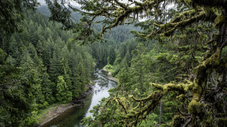 A photograph of Pacific Northwest forests 126 with dense forest overlooking river, lichen covered...