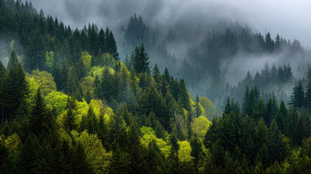 A photograph of Pacific Northwest forests 133 with forest hills under mist, conifer forest needles, fresh rainforest spring, ultra realistic landscape photography, wide angle lens, natural colors, clean composition, no peopleの写真素材