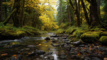 A photograph of Pacific Northwest forests 207 with rainforest valley with stream, moss covered tree trunks, golden forest autumn, ultra realistic landscape photography, wide angle lens, natural colors, clean composition, no peopleの写真素材