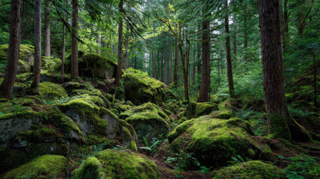 A photograph of Pacific Northwest forests 147 with pacific northwest forest ridge, moss covered rocks, lush forest summer, ultra realistic landscape photography, wide angle lens, natural colors, clean composition, no peopleの写真素材