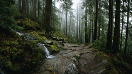 A photograph of Pacific Northwest forests 138 with forest valley with waterfalls, wet forest soil,...