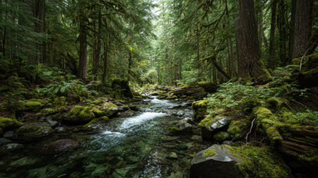 A photograph of Pacific Northwest forests 142 with old growth forest landscape, forest stream water,...